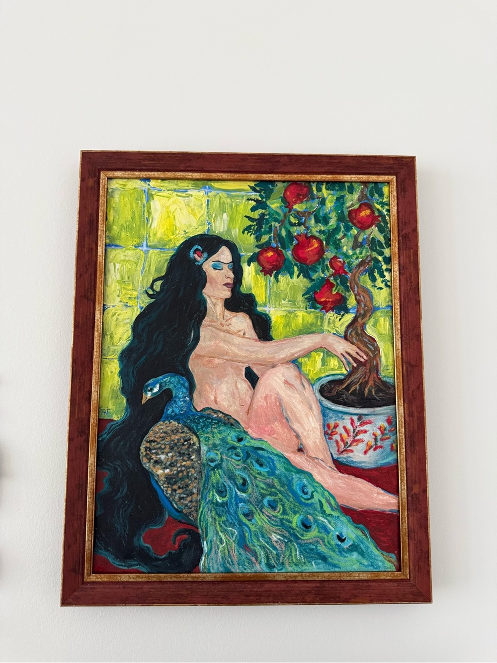 Original Figurative Painting with Peacock and Pomegranate